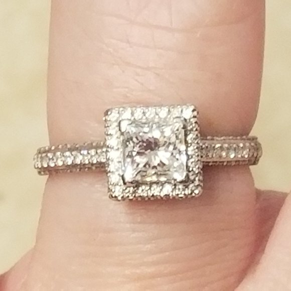 MAYORS BIRKS PRINCESS SOLITAIRE DIAMOND VS1 F PLATINUM HALO PAVE ENGAGEMENT RING